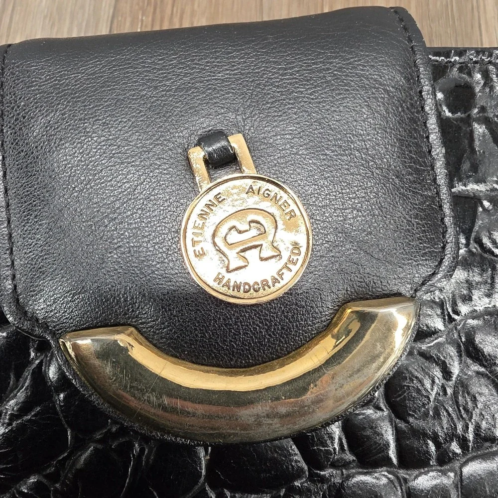 Vintage Etienne Aigner‎ Black Croc Embossed Leather Crossbody Bag Shoulder Purse